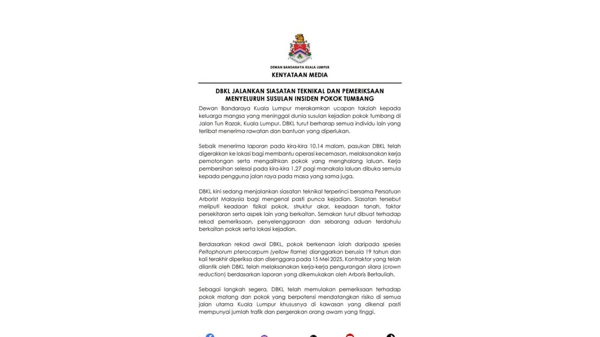 DBKL and Arborists Launch Comprehensive Probe into Fatal Jalan Tun Razak Tree Collapse