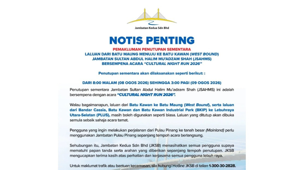 Second Penang Bridge Westbound Closure Set for Cultural Night Run 2026