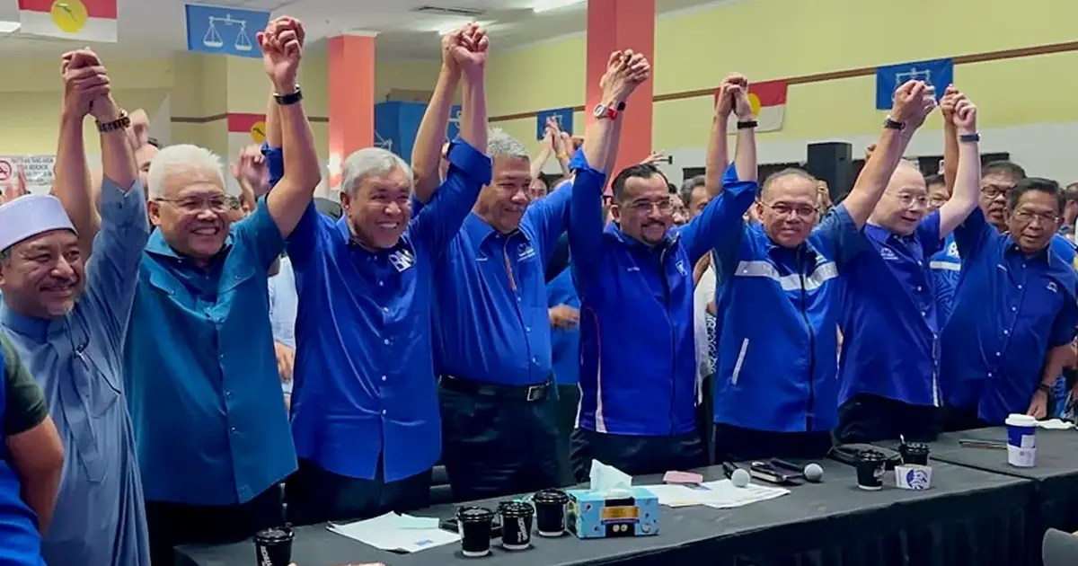 Barisan Nasional and Perikatan Nasional leaders celebrate Negeri Sembilan election results